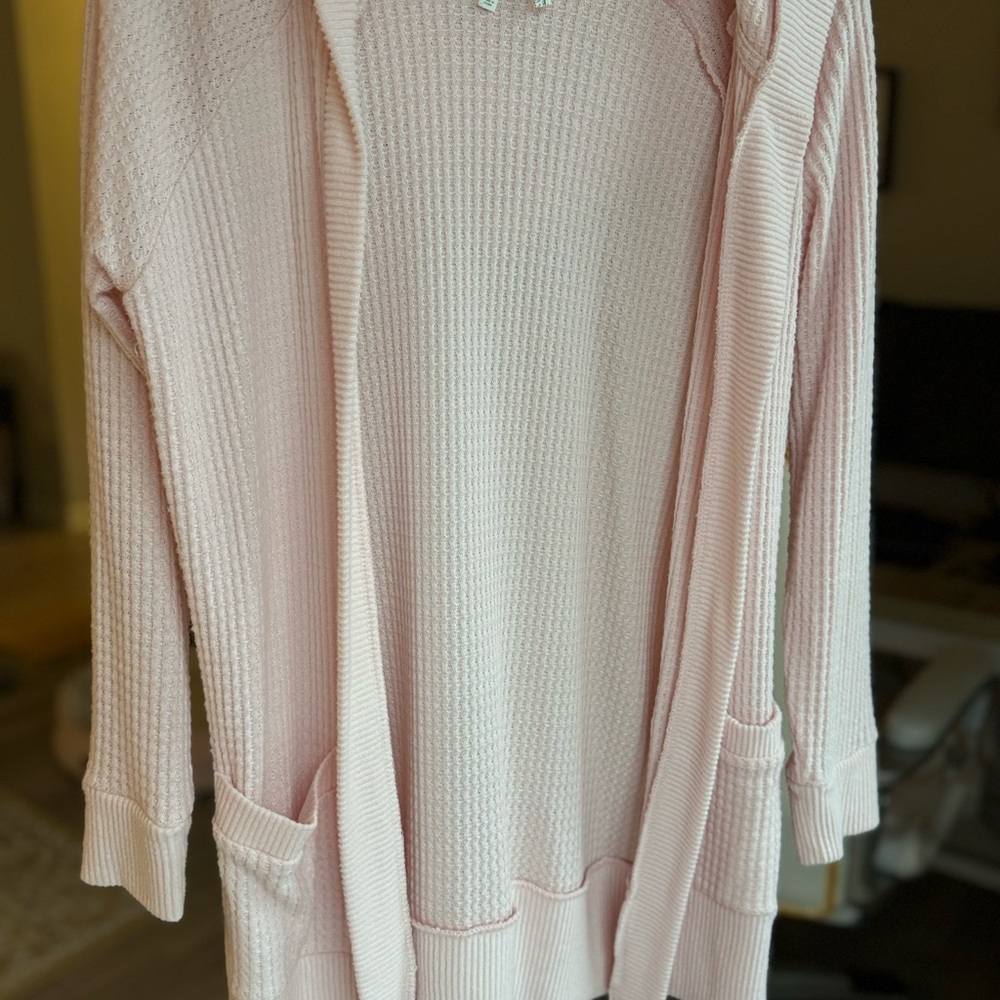 Pink Waffle Knit Open Front Cardigan